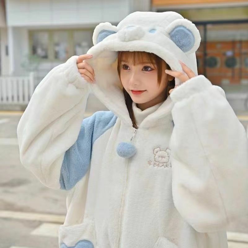 Jaket Anak Perempuan dengan Ritsleting Lucu Imitasi Kasmir Hoodie Beruang Mantel Kardigan Sweter Kartun Ukuran Besar Berkerudung Kaus Atasan