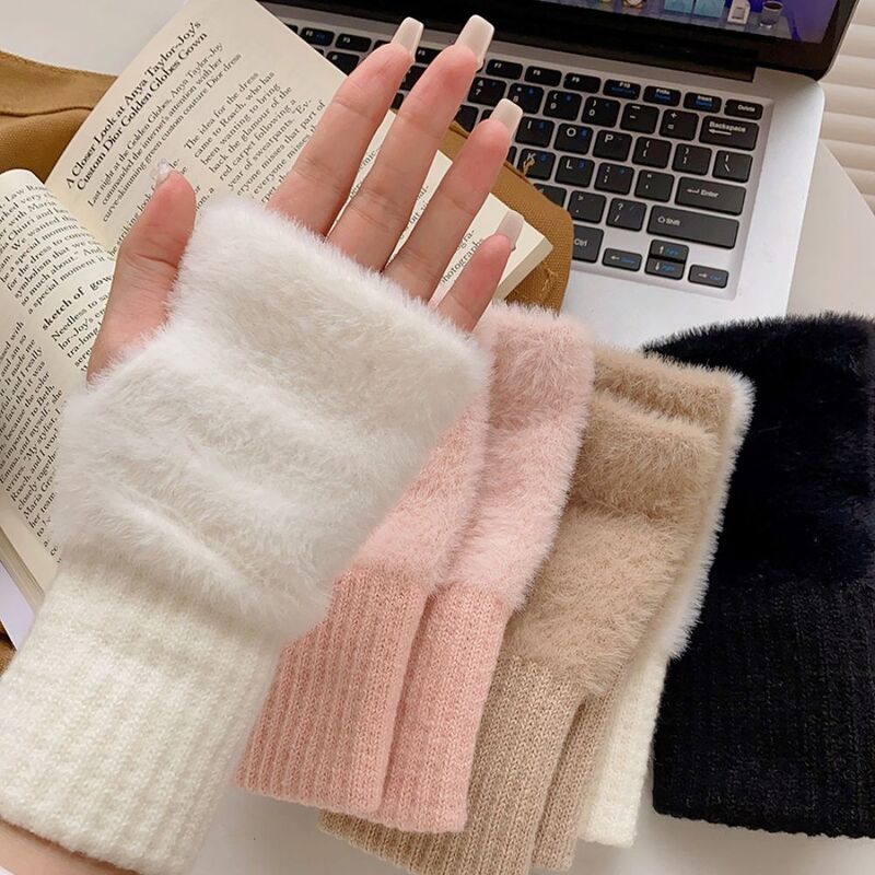 1 para kobiet zima utrzymuje ciepło pluszowe rękawiczki elastyczność miękkie pół palce rękawiczki imitacja futra z norek dzianiny dziewczęce modne rękawiczki