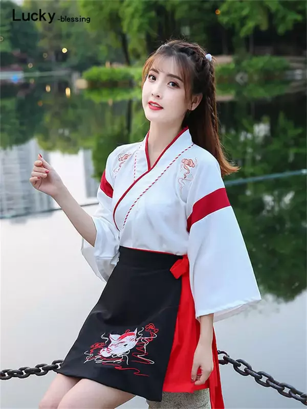 Japonês vestido kimono mulher preto branco gato bordado saias do vintage roupas asiáticas yukat festa anime cosplay harajuku traje