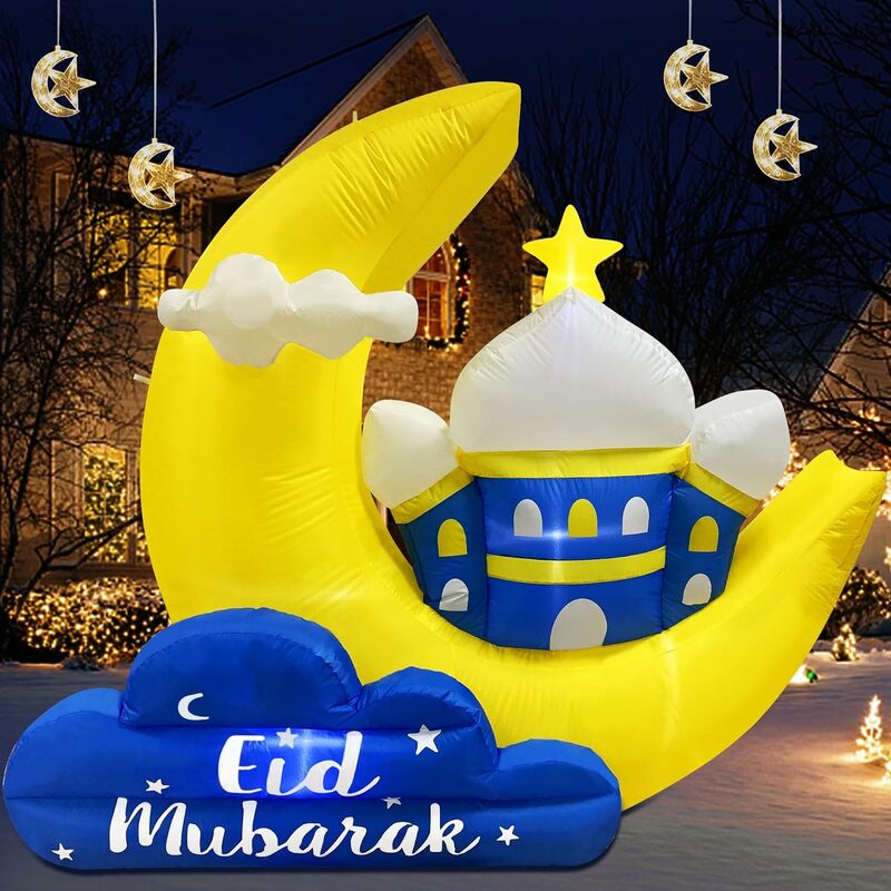 Ramadan Outdoor Inflatable Moon Decorations,7x6 FT Lighted Blow Up Muslim Holy Celebration Decor,Eid Mubarak Inflatables