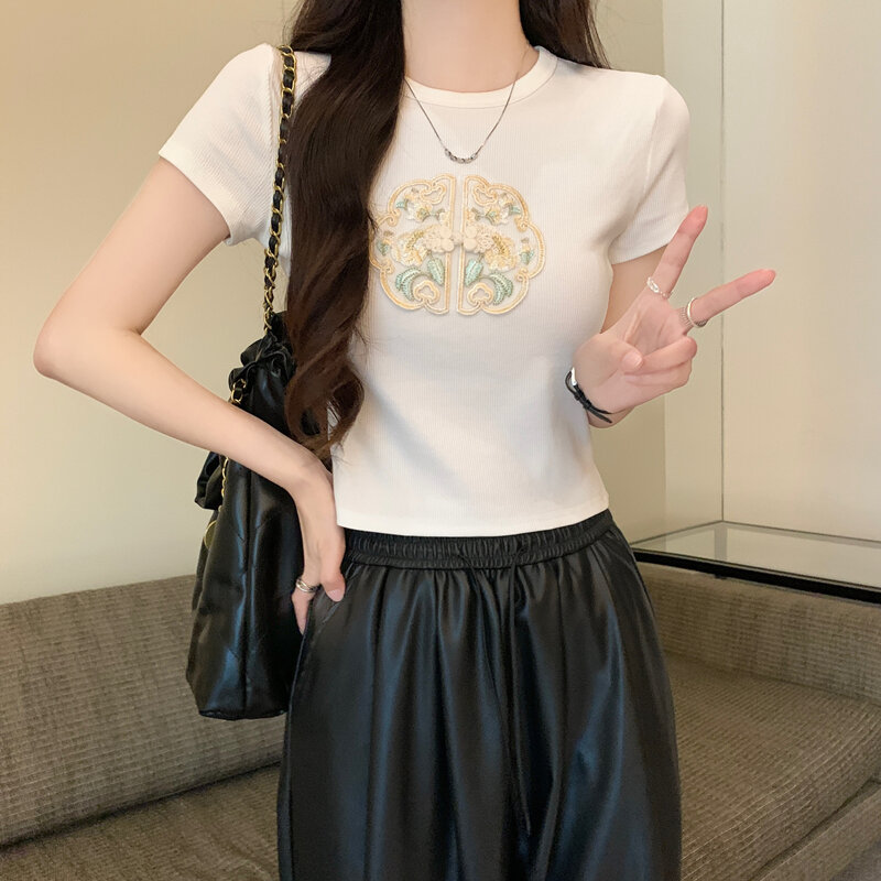 LKSK New Chinese Style Round Neck Short Sleeved T-shirt for Women's Summer New Slim Fit Small Short Sweet Spicy Girl Top