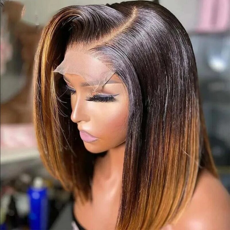 Soft Short Bob Highlight Blonde Brown Straight 180Density Deep Lace Front Wig For Black Women Babyhair Preplucked Glueless Daily