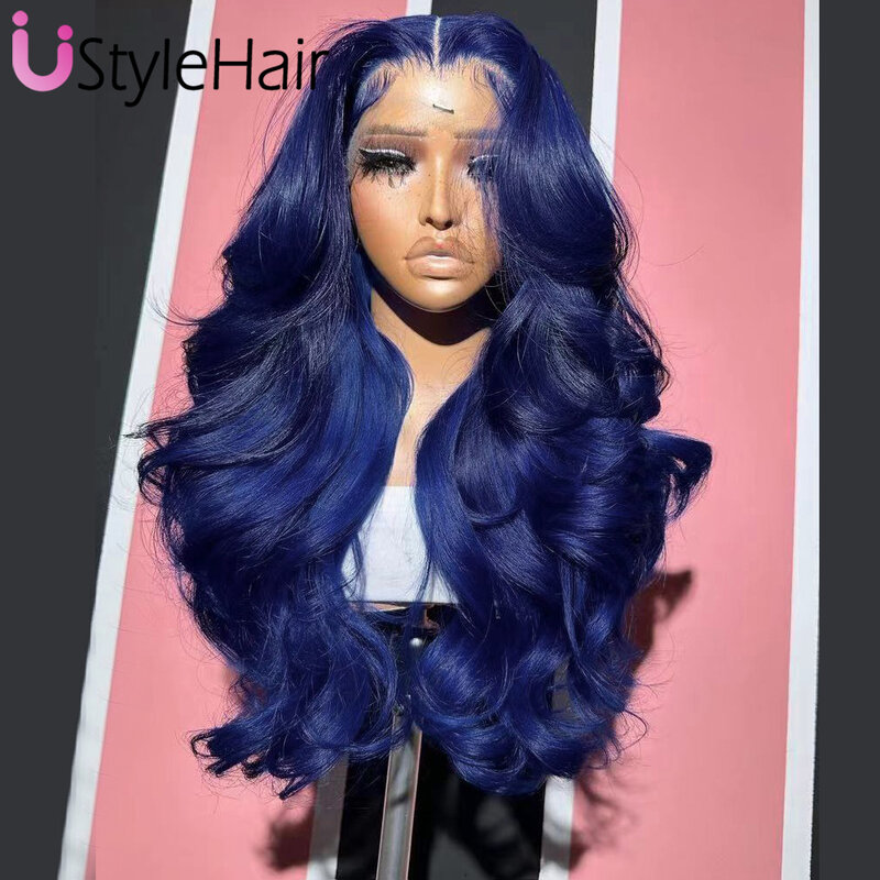 Wig renda biru tua tubuh panjang gelombang renda Wig depan tahan panas rambut sintetis bagian samping renda biru Solid penggunaan sehari-hari Wig Cosplay