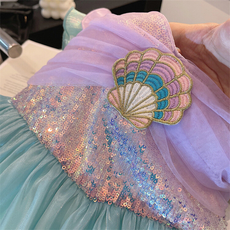 Disney-Meninas Princesa Ariel Traje, Luva Voadora, Lantejoulas, Vestido de Malha, Cosplay, Pequena Sereia, Carnaval, Birthday Party Clothes