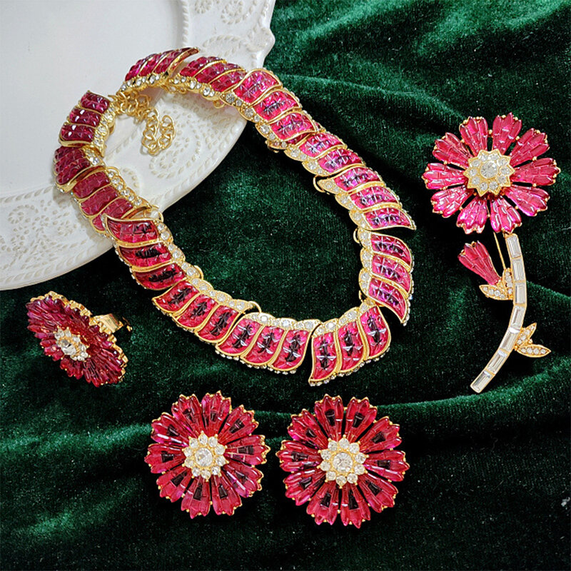 Colares de vidro para mulheres e meninas, jóias vintage, broche de flor, anel, temperamento, presente de festa