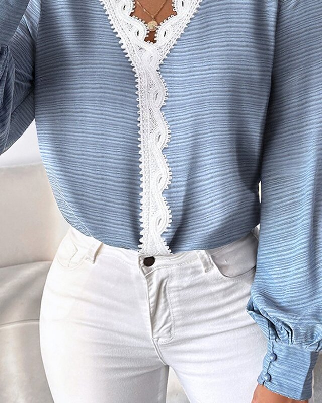 Monocromático V-Neck contraste camisa de renda abotoada para mulheres, pulôver tops, primavera e verão, venda quente, 2022