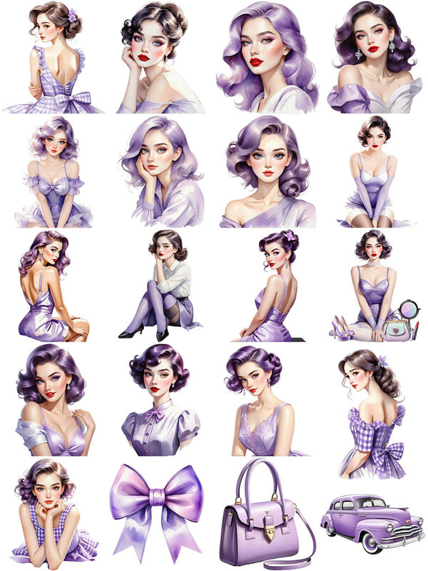Pegatinas decorativas de chica de moda púrpura, álbum de recortes artesanal, diario de chatarra, 20 unids/lote por paquete