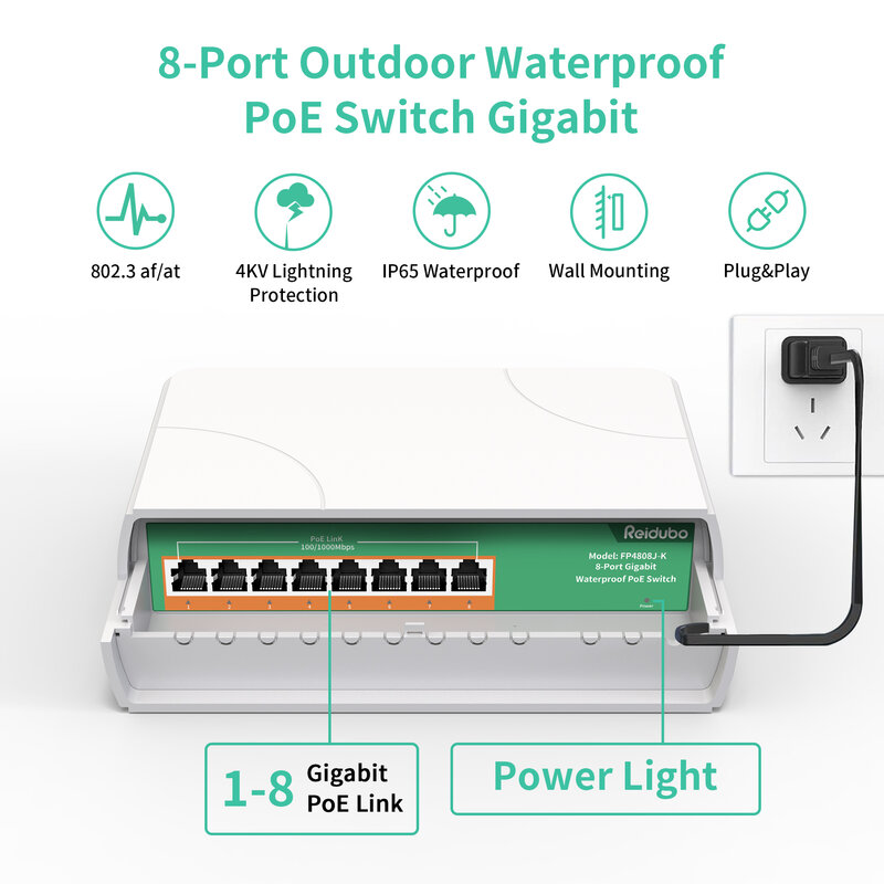 8 Port Gigabit PoE Switch Waterproof, 1000 Mbps 120W, IEEE802.3af/at Power Over Ethernet Unmanaged Outdoor Network Switch