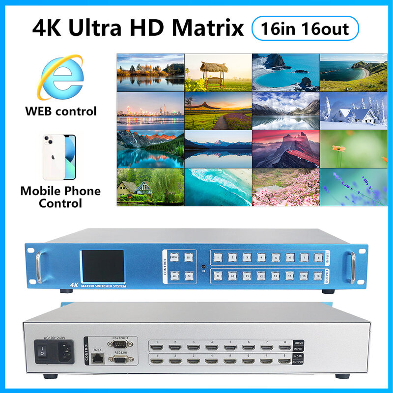 Pengalih matriks 4x4 8x8 8x16 16x16 4K60Hz pemisah dinding Video rak profesional untuk dukungan HDMI HDCP2.2/EDID/RS232/TCP/IP