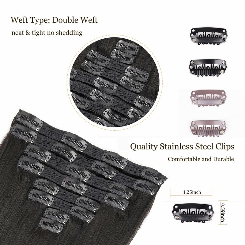 8Pcs Straight Clip In Hair Extension Human Hair Full Head Clip Ins Seamless Double Weft Clip In Hair for Women Natural Black #1B