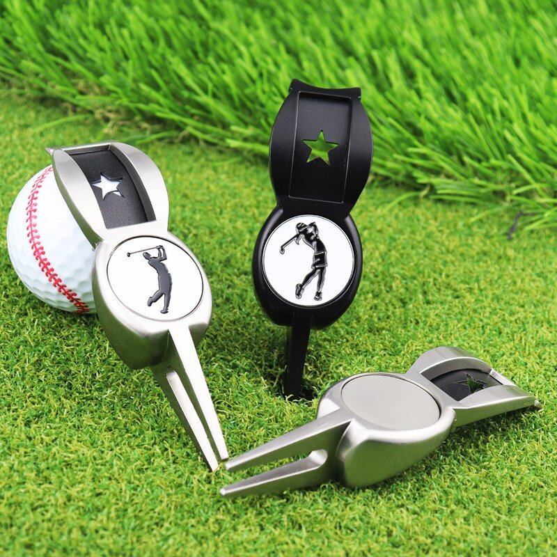 Garpu Golf paduan seng, alat bantu batang dorong multi-fungsi 4 in 1 Golf hijau Divot garpu mudah digunakan spidol bulat portabel