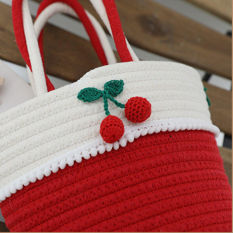 New Cute Cotton Thread Bucket Handbag Red Cherry Woven Basket Bag Female Seaside Holiday Beach Handmade Straw Bag Totes