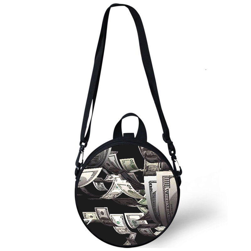 Us $ dinheiro criança saco de jardim de infância 3d impressão crossbody sacos de ombro para a escola feminina mini redondo bagpacks rugtas saco
