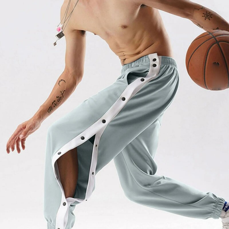 Celana olahraga basket untuk pria, celana basket kasual, celana hangat kaki terbuka, celana olahraga, celana kasual longgar, kancing terbuka penuh, celana hangat untuk pria