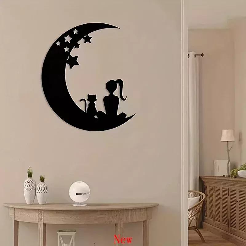 CIFVP-Art mural en métal chat et lune, oeuvre moderne, décoration de la maison, chat mignon, sculpture murale