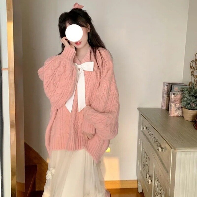 Женские пуловеры с V-образным вырезом, уютные милые зимние пуловеры с рукавами-фонариками в стиле принцессы для отдыха, мягкие простые шикарные пуловеры в Корейском стиле Харадзюку
