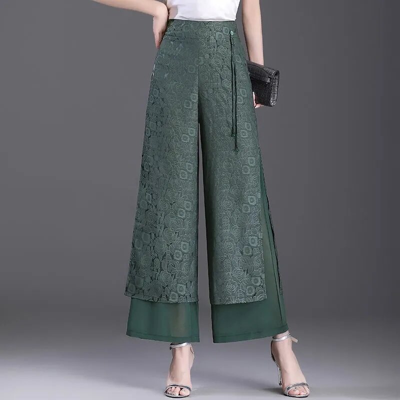 Calça chinesa dividida feminina, cintura alta, jacquard caído, casual de perna larga, calça solta, moda verão, nova calça de saia, 2024