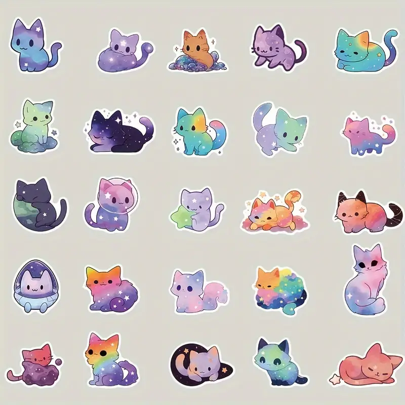 50 buah stiker dekorasi Tablet Skateboard, stiker grafiti anak kucing seri kucing langit berbintang