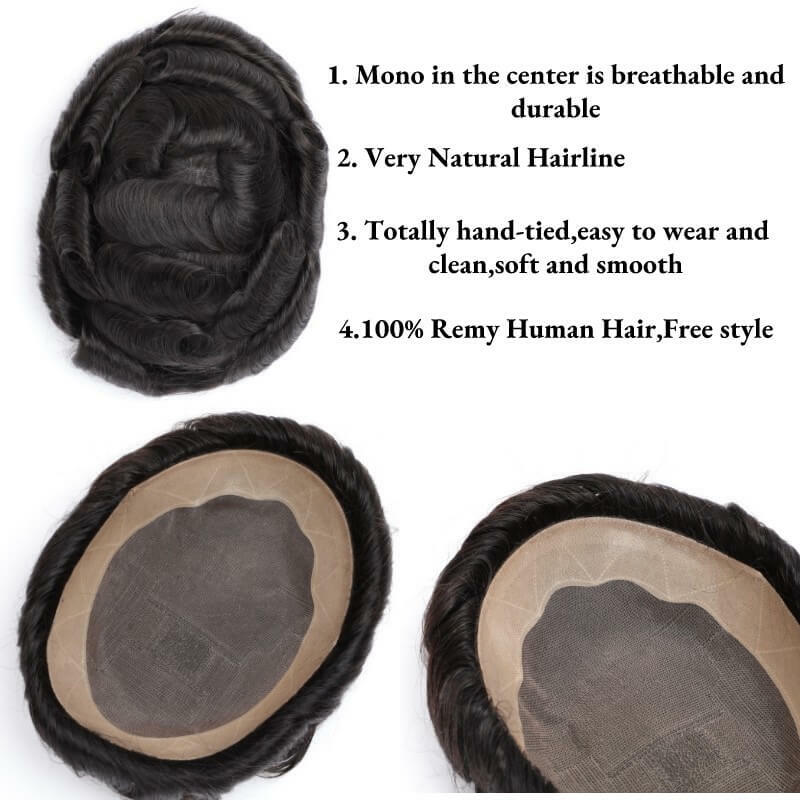 Clip-on sistema di capelli da uomo Mono Base parrucche maschili 130% densità durevole protesi per capelli umani parrucchino per capelli naturali per uomo