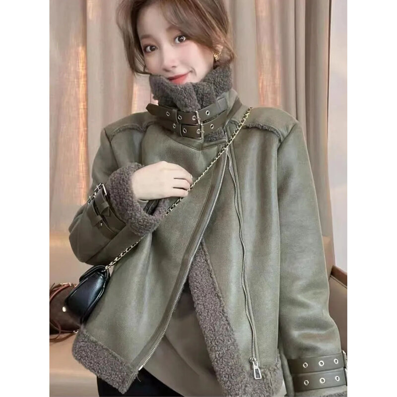 Fur Integrated Jacket Women Autumn Winter Korean Loose Locomotive Jacket Fashion Wild Thicken Warm Fur Coat Lambwool Overcoat