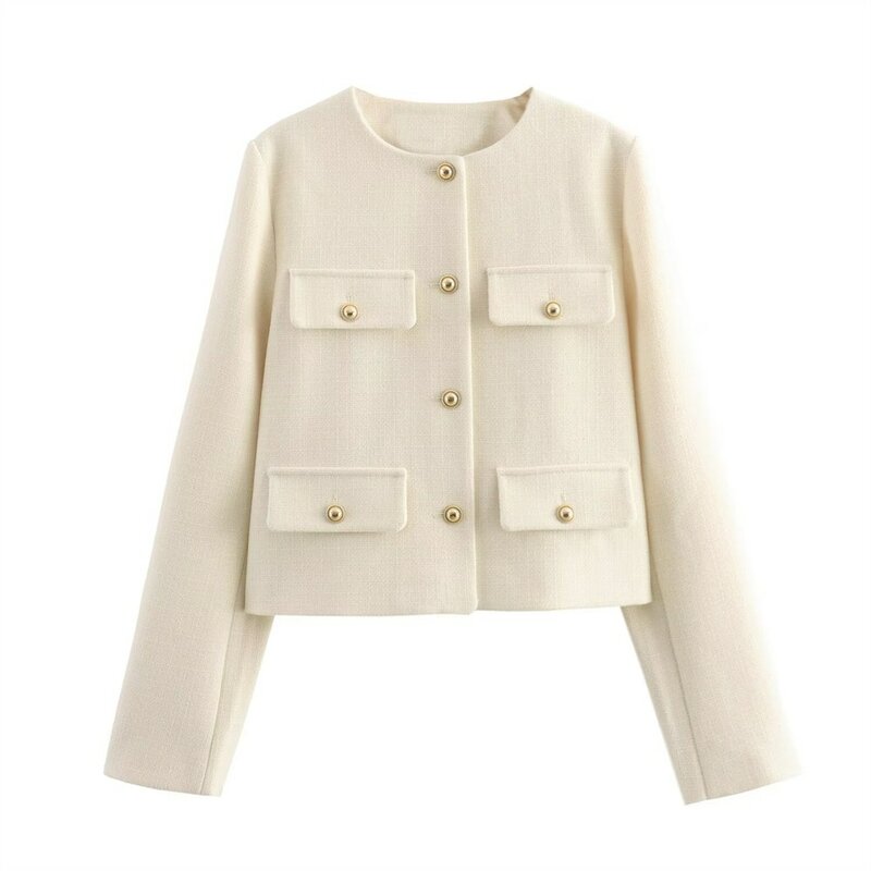 UNIZERA-Terno curto versátil casual feminino, casaco de gola redonda, decoração flip, moda inverno, novo produto, 2023