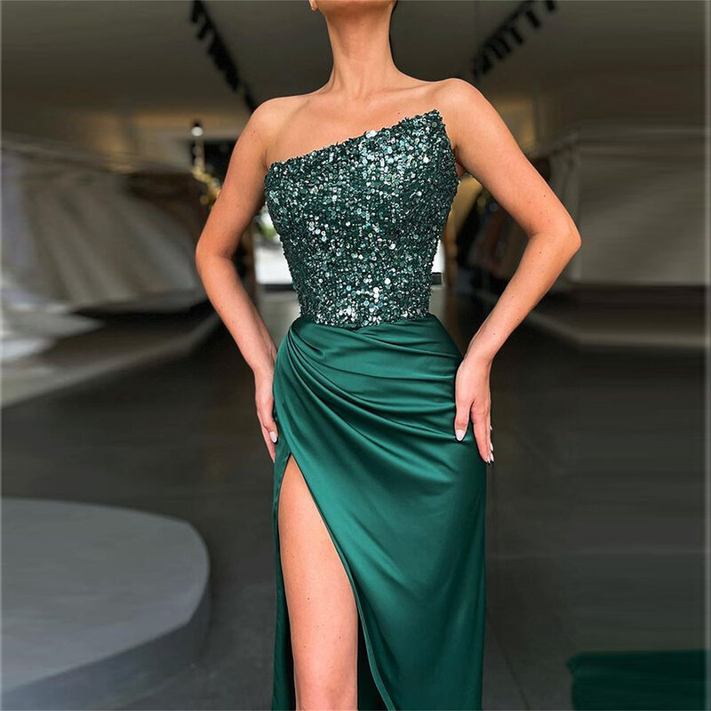 Gaun malam indah putri duyung hijau murah gaun Prom berpayet tanpa tali tanpa lengan Vestido Mujer Elegante terbelah sisi tinggi