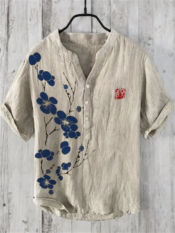 2024 New Plum Blossom Sunrise Japanese Art Shirt Hawaiian Style Men's Casual Loose Pullover Button Men's Shirt
