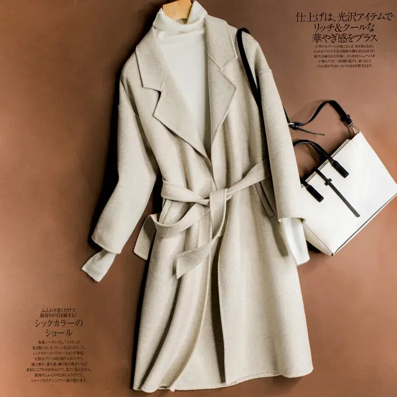 Женское двустороннее кашемировое пальто средней длины, свободное шерстяное пальто выше колена со шнуровкой из 100% чистой шерсти