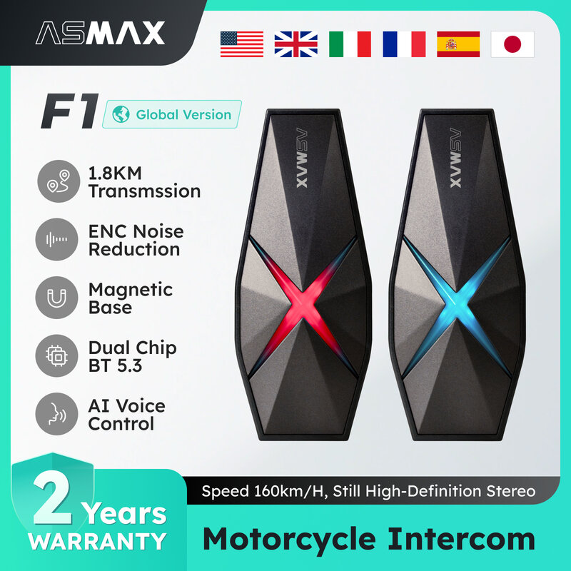 ASMAX F1 2PCS мотогарнитура для шлема,гарнитура для мотошлема Mesh, мотогарнитура Bluetooth BT5.3, Поддерживает диапазон интеркомов 1800 м для 10 мотоциклистов, голосовое управление ИИ и влагозащищенность IP67