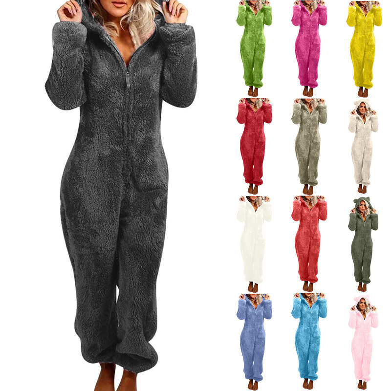 Frauen Onesies Langarm Kapuze Overall Pyjama lässig Winter warm Stram pler Nachtwäsche Fleece einfarbig Nachtwäsche Nachthemd
