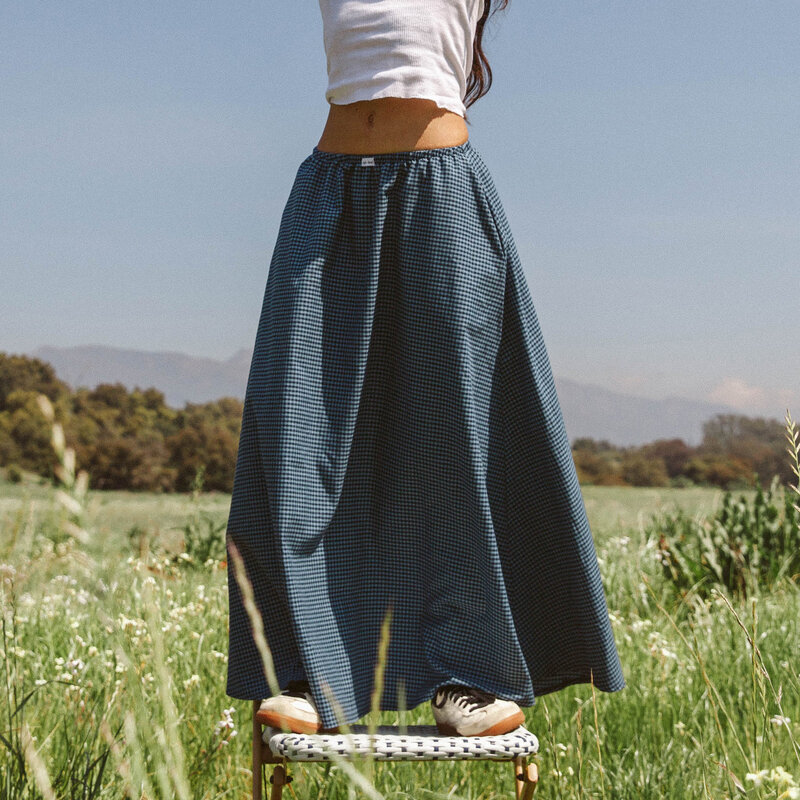 Women's long aesthetic skirt plaid elastic waist A-line skirt spring and summer casual loose skirt streetwear