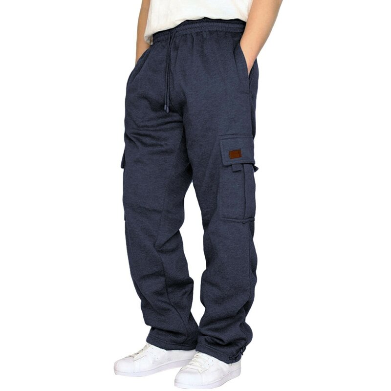 กางเกงผ้าฝ้ายขากว้างสำหรับผู้ชายกางเกงวิ่งออกกำลังกายมีเชือกผูกเอวหลวมมีกระเป๋าสีทึบกางเกงขนแกะหลวม