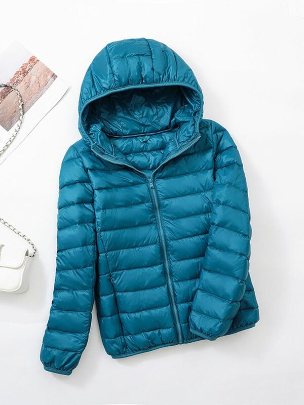 Jaket Puffer wanita, jaket Luaran bertudung ramping hangat modis, Ultra ringan bebek musim dingin 2023 untuk perempuan