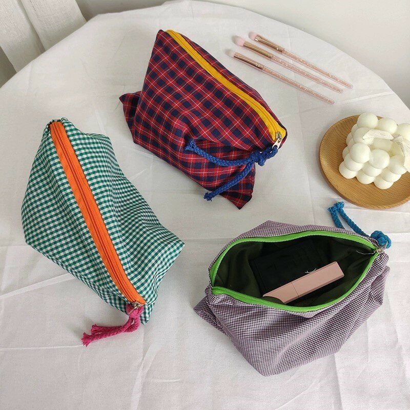 Frauen Mädchen Plaid Make-up Tasche Baumwolle und Leinen Kosmetik tasche mit Reiß verschluss Tasche einfache tragbare große Kapazität Aufbewahrung tasche Mode