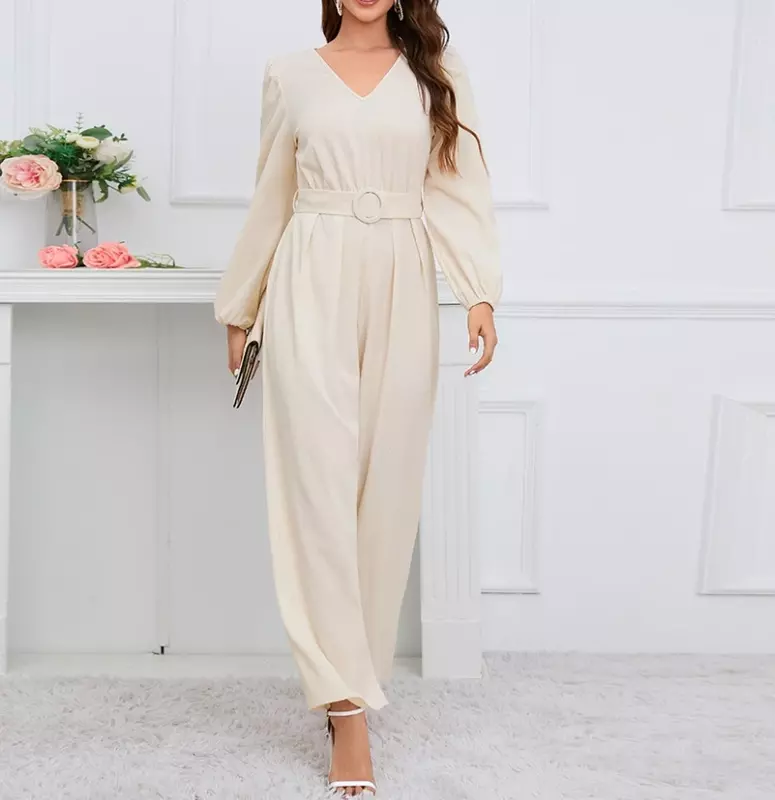 Elegant Women's Jumpsuit 2024 Summer New Fashion Sexy V-Neck Long-Sleeved Solid Party Evening Wide-Leg Jumpsuits with Belt