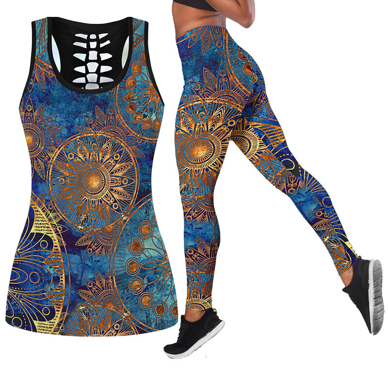 Fraktal Mandala Combo Tank + Celana Yoga Legging dan Tangki Berongga Setelan Rompi Olahraga Wanita Pakaian Santai