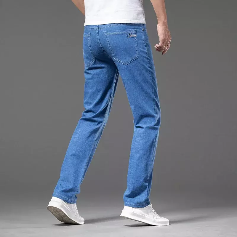 Celana Jeans merek gaya klasik untuk pria, celana panjang Denim elastis kasual bisnis biru muda hitam ukuran besar musim panas musim gugur untuk pria