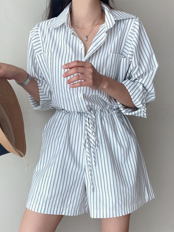 QOERLIN Striped Jumpsuits Women Turn-Down Collar Long Sleeve Spring Summer Pocket Shirts Jumpsuit Bandage Slim Waist Overalls