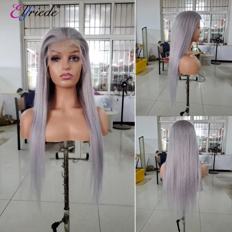 Elfriade-Peluca de cabello humano liso para mujer, postizo de encaje Frontal, color gris puro, precoloreado, 4x4, 13x4, 13x6, HD, 100% Remy
