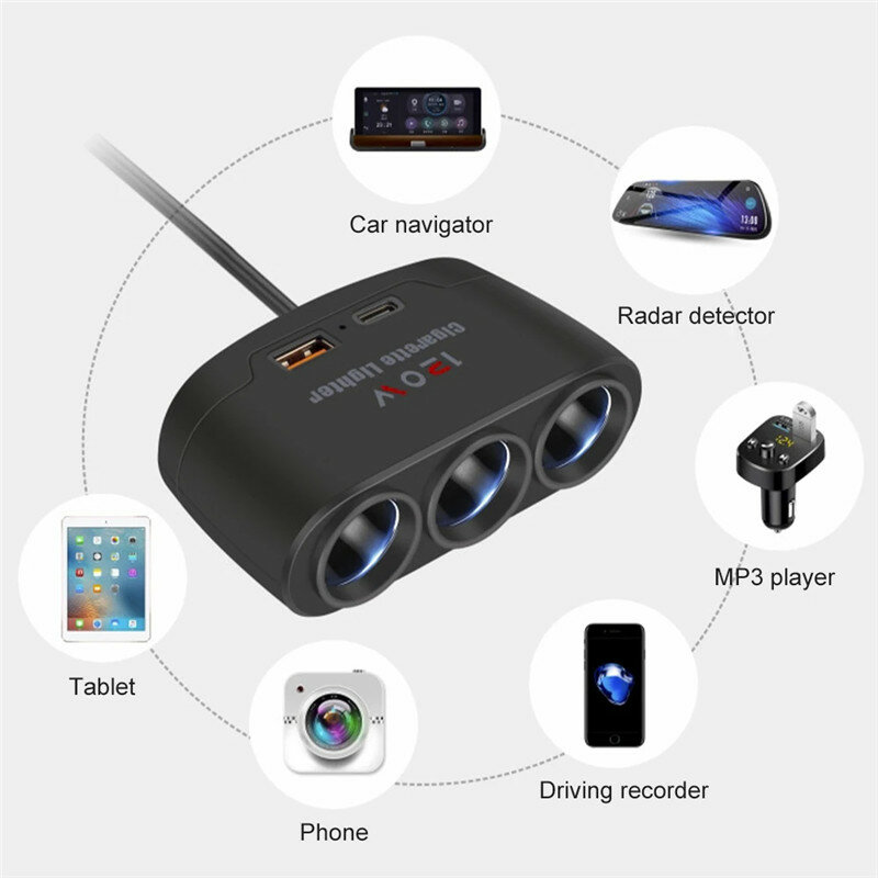 3 W 1 gniazdo Dual USB 120W zapalniczka samochodowa 12V 24V szybki zasilacz do telefonu wtyczka ładowarki wideorejestrator samochodowy GPS Dashcam