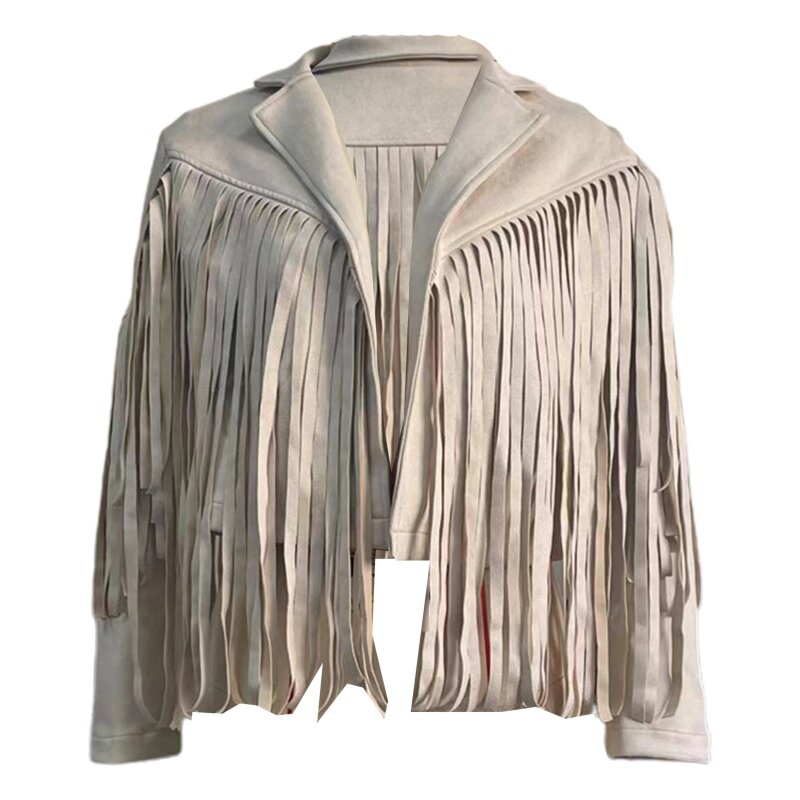 Feminino franja borla para jaqueta de camurça sintética cardigan de couro manga longa lapela para fora n7yd