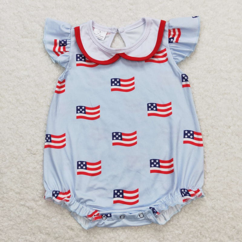 Sprzedaż hurtowa dla nowonarodzonych maluchów z krótkim rękawem flag kombinezon dla dzieci niemowlę dziewczynka July 4. Niebieskie pajacyki bąbelkowe ubrania