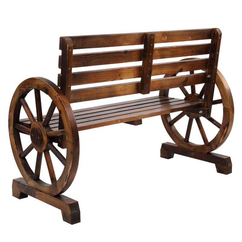 Banco de roda de vagão de madeira rústico de 2 pessoas com assento ripado e encosto marrom [eua-estoque]