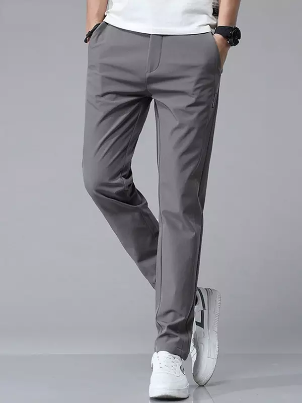 Celana pria musim panas 2023, celana sutra es kasual longgar lurus elastis gaya tipis cepat kering celana olahraga pemuda bernapas
