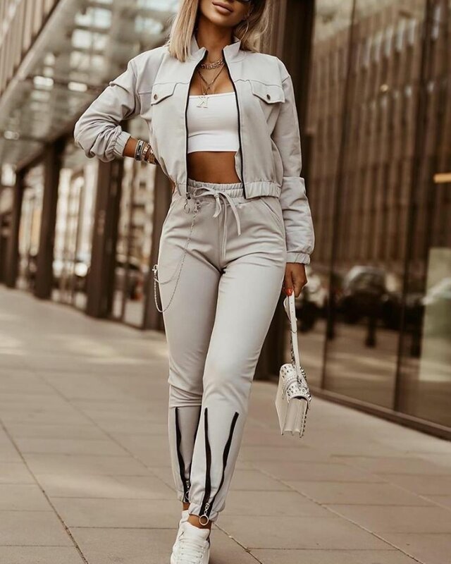 Women's Commuting Style Suits 2024 Spring Summer Latest O-Neck Solid Long Sleeve Fitting Zipper Splicing Casual Pant Sets