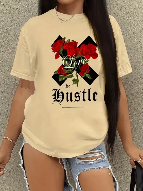 T-shirt manches courtes col rond femme, estival et décontracté, en coton, avec fleurs et lettres imprimées, 2024
