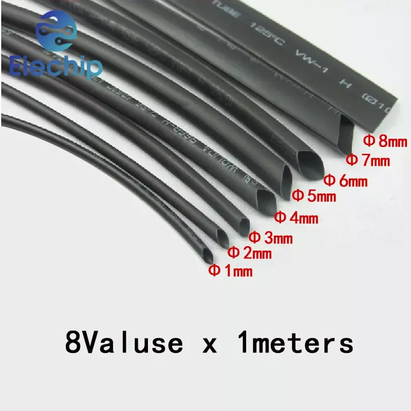 Gaine thermorétractable noire, kit de fil de connecteur de bricolage, 8 mètres/ensemble, 1mm, 2mm, 3mm, 4mm, 5mm, 6mm, 8mm, 10mm, 2:1