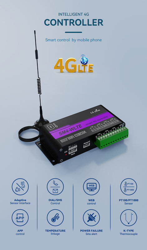 4G LTE pengendali relai jarak jauh ON/OFF GSM SMS 4 relai aplikasi Web kontrol temperatur kelembapan gerbang pintu garasi pembuka otomatis
