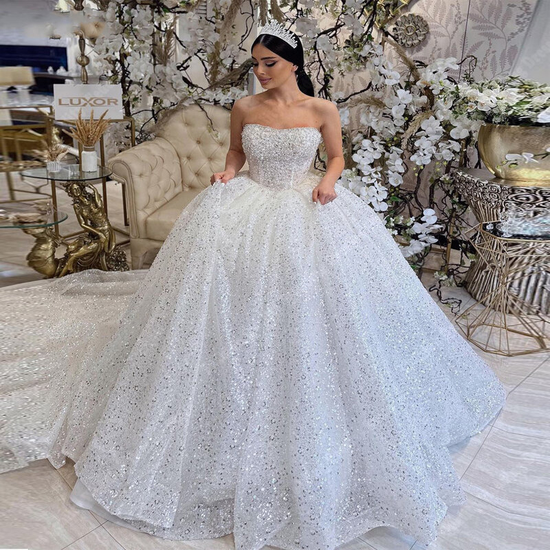 2024 Summer A-Line Sleeveless Women Wedding Dresses Pretty Shiny Sequins Bridal Gowns Mopping Length Princess Vestidos De Novias