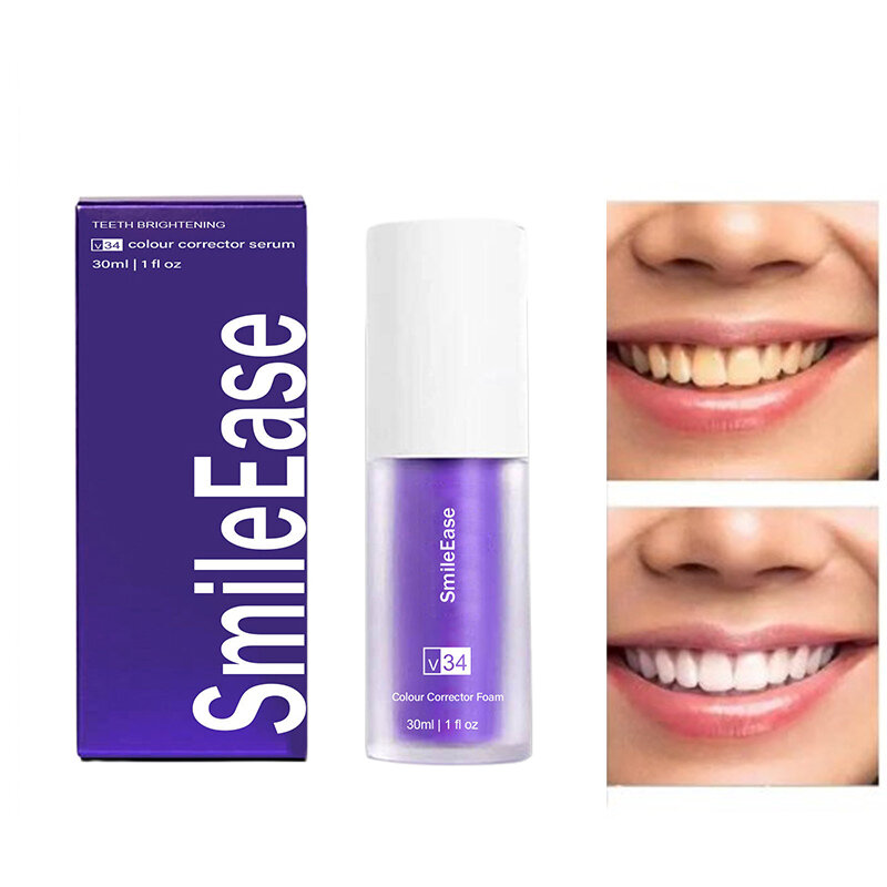 Creme dental V34 Purple Whitening, brilho da respiração fresca, remover manchas, reduzir o amarelecimento, cuidar das gomas dentárias, higiene bucal, novo, 30ml